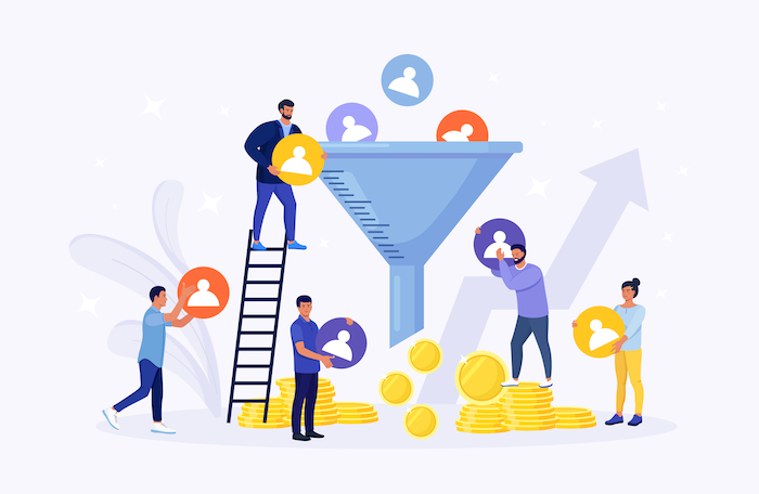 Illustration of people adding user profile icons into a large funnel, with gold coins coming out the bottom, symbolizing lead conversion and revenue growth.