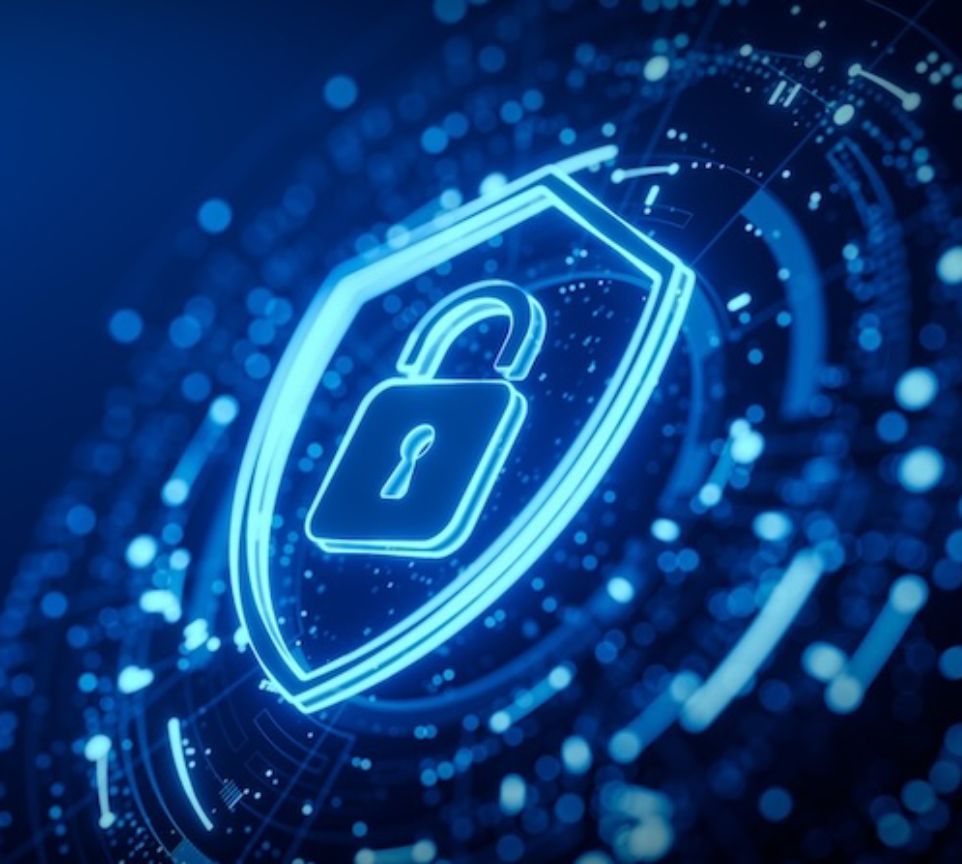 Digital illustration of a glowing blue padlock and shield symbol, representing cybersecurity and data protection.