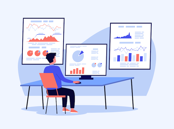 Illustration of a person sitting at a desk analyzing charts and graphs on a computer monitor, with additional large data visualizations on the wall, representing data analysis and business analytics.