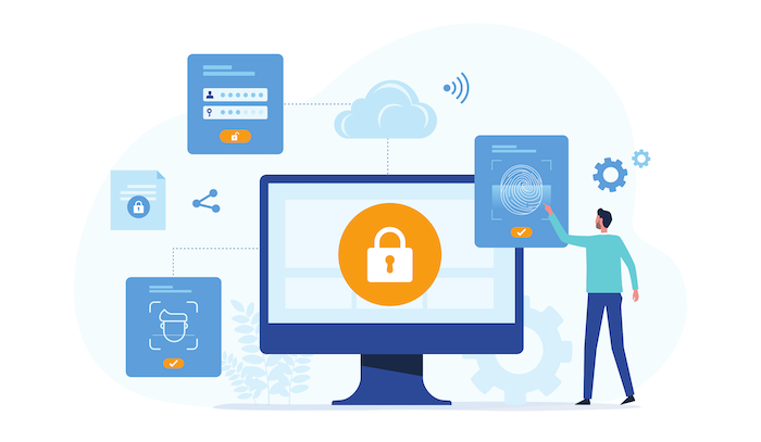 Illustration of a person interacting with a fingerprint authentication screen on a large monitor displaying a padlock icon, surrounded by icons for password login, facial recognition, secure documents, and cloud storage, symbolizing cybersecurity and data protection.